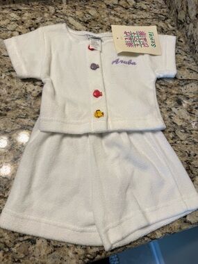 White Aruba 6/9 month Two-Piece Baby Terry Set with Colorful Fish Buttons